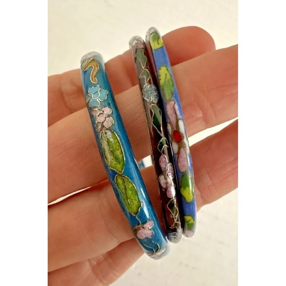Cloisonne Bangle Bracelet Blue Aqua Floral Pink Metal Set of 3